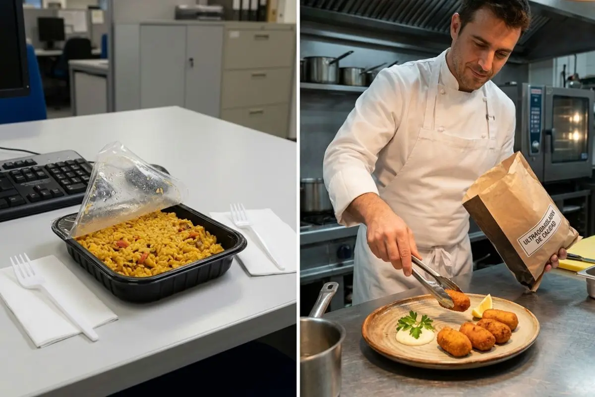 comparación entre una bandeja plástica con comida en la oficina y un chef preparando unas croquetas