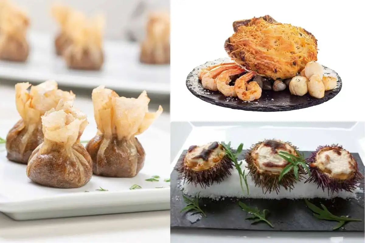 entrantes de navidad: erizos rellenos, saquitos de carrillera y vieira gratinada